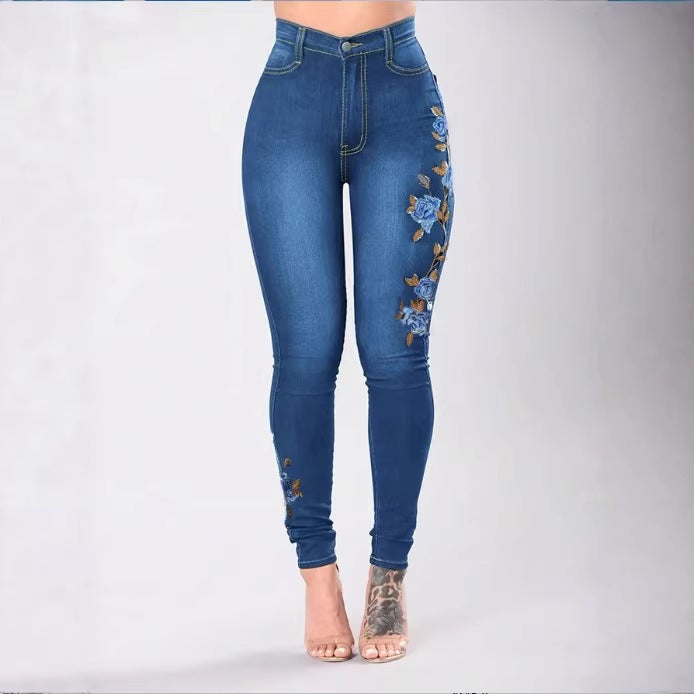Women High-Waisted Sculpting Skinny Jeans with Side Floral Embroidery Fashion Glam