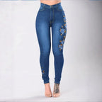 Women High-Waisted Sculpting Skinny Jeans with Side Floral Embroidery Fashion Glam