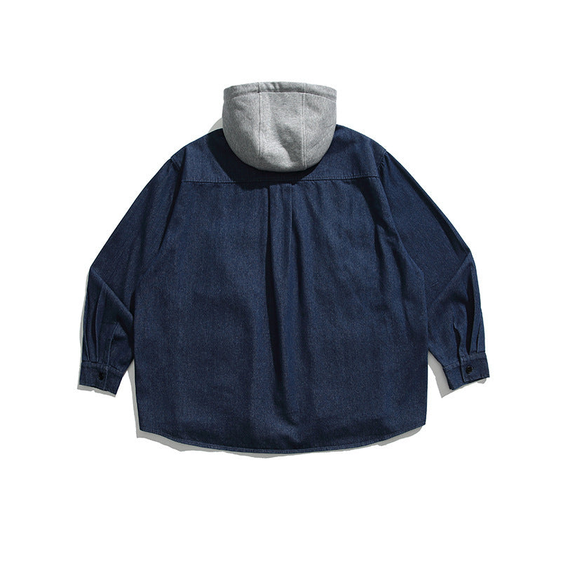 Unisex Boxy Jeans Overshirt Jacket with Attached Hood and Multifunction Pockets Fashion Glam