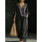 Women's Two-Piece V-Neck Tunic Set with Ruffle Sleeves and Wide High-Waisted Palazzo Pants Fashion Glam