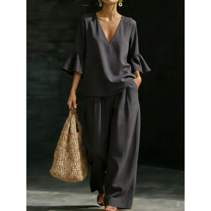 Women's Two-Piece V-Neck Tunic Set with Ruffle Sleeves and Wide High-Waisted Palazzo Pants Fashion Glam