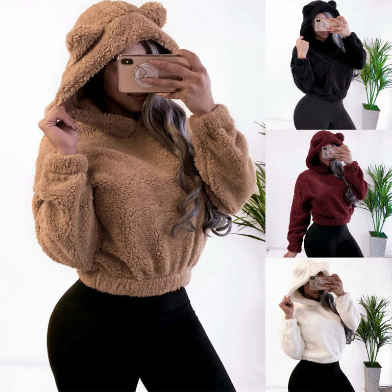 Women's Short Hooded Sherpa Pullover with Kangaroo Pocket and Elastic Hem Fashion Glam