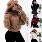Women's Short Hooded Sherpa Pullover with Kangaroo Pocket and Elastic Hem Fashion Glam