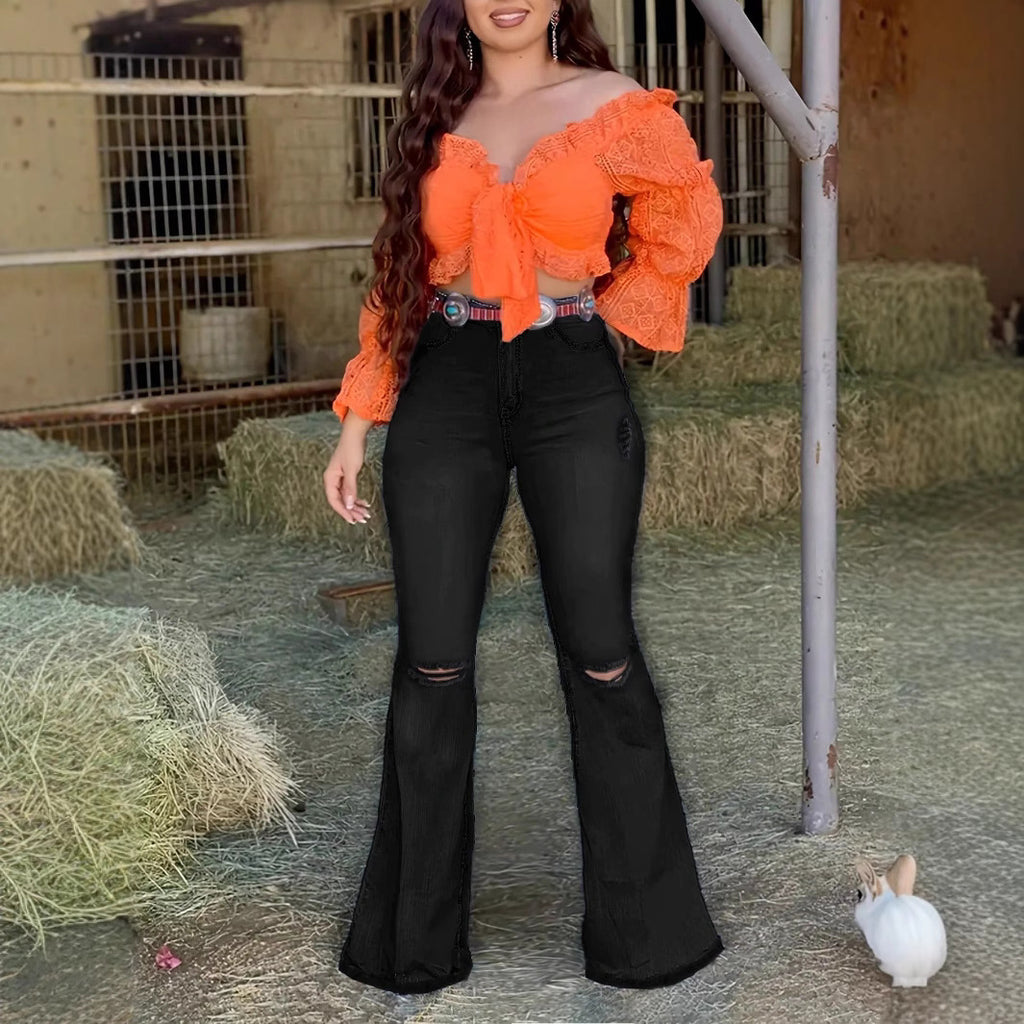 Women's High-Waist Bootcut Jeans with Knee Rips and Figure-Hugging Sculpting Cut Fashion Glam
