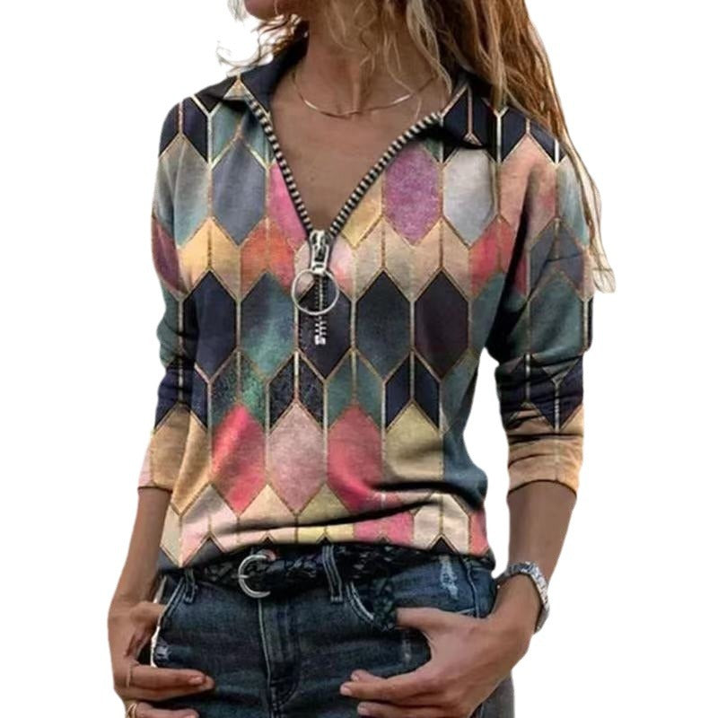 Women's zip pullover with polo collar, graphic diamond print and slim fit Fashion Glam