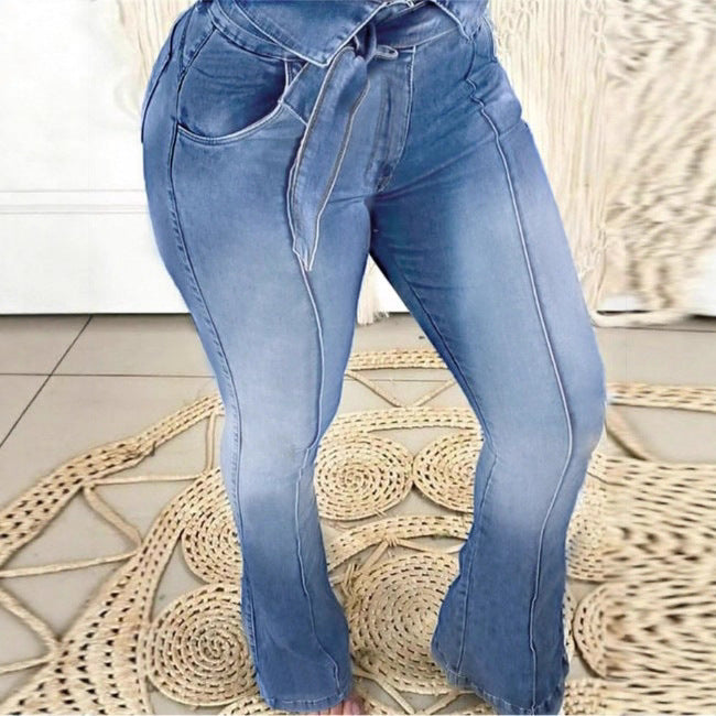 Women High-Waisted Paperbag Skinny Jeans with Ties and Vertical Seam Guidance Fashion Glam