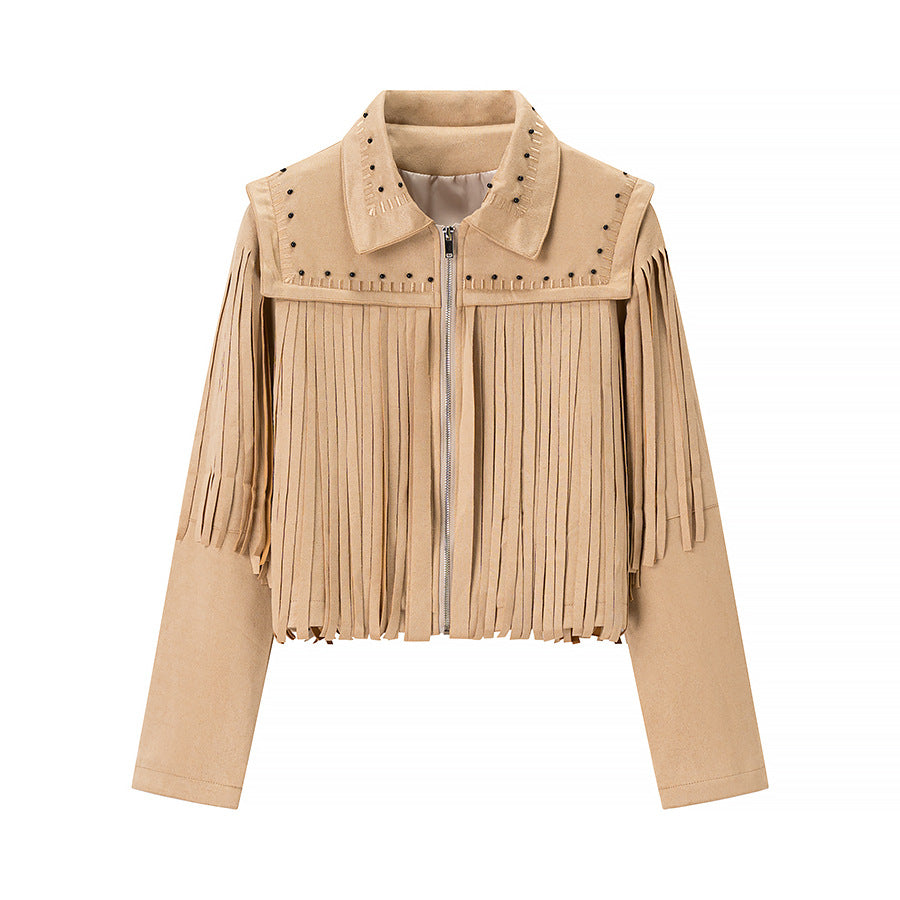 Women's short fringed jacket made of suede look with zipper and studded embellishment Fashion Glam
