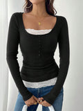 Women’s ribbed top with deep scoop neckline, decorative button placket and lace insert Fashion Glam