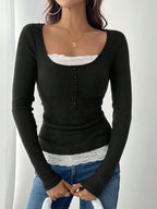 Women’s ribbed top with deep scoop neckline, decorative button placket and lace insert Fashion Glam