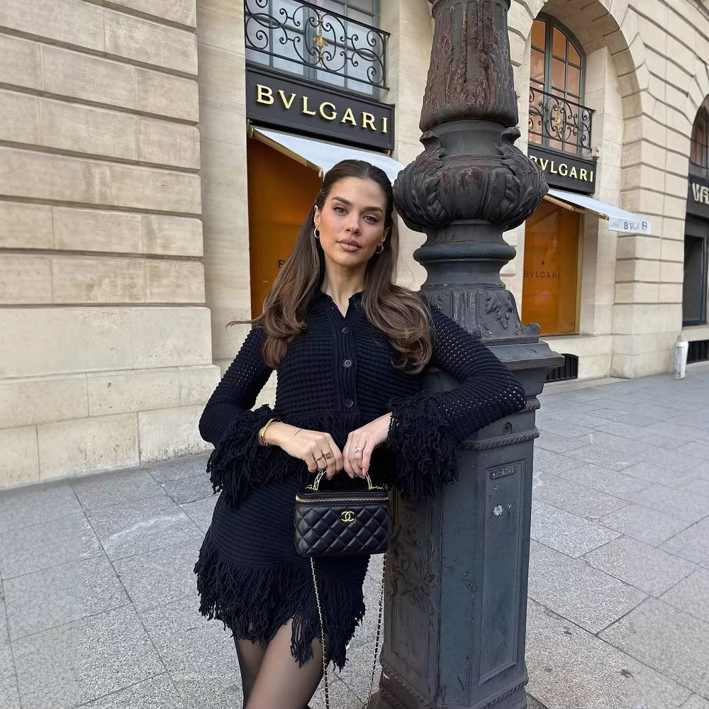 Women Structured Knit Jacket with Fringe Trim and Waist Peplum Fashion Glam