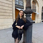 Women Structured Knit Jacket with Fringe Trim and Waist Peplum Fashion Glam