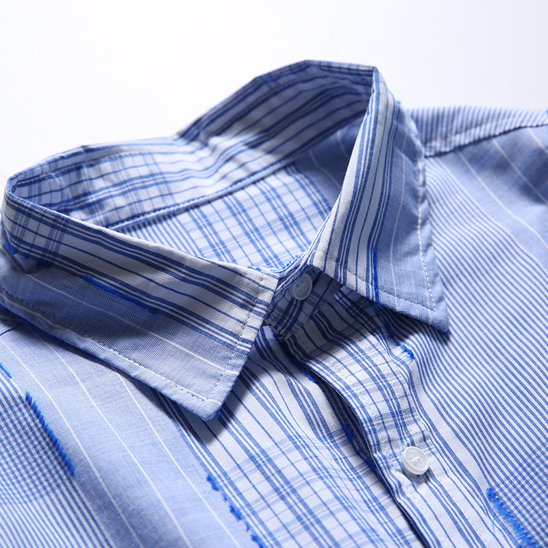 [Unisex] Oversize shirt in patchwork stripe mix with breast pocket and rounded hem Fashion Glam
