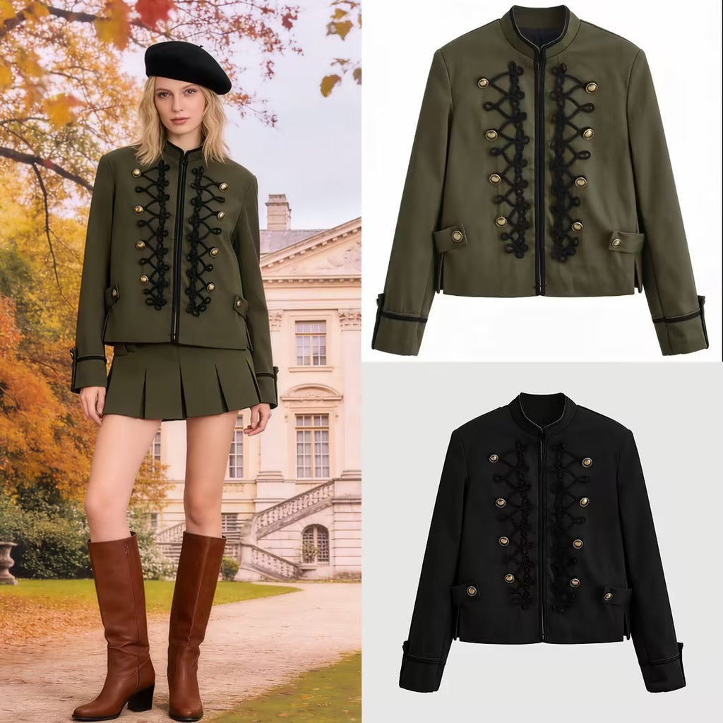 Women’s short military-style jacket with decorative cords and stand-up collar Fashion Glam