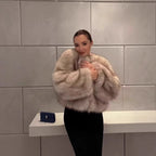 Women Cropped Faux Fur Bomber with Round Neck, Soft Draping High Pile and Boxy Silhouette Fashion Glam