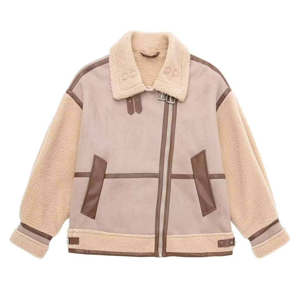 Women's Oversized Flight Jacket with Teddy Lining, Asymmetrical Zip and Faux Leather Details Fashion Glam