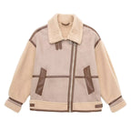 Women's Oversized Flight Jacket with Teddy Lining, Asymmetrical Zip and Faux Leather Details Fashion Glam