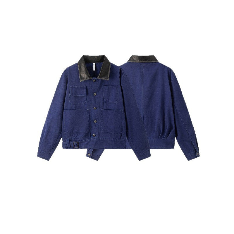 Men's lightweight canvas worker jacket with faux leather collar, four flap pockets and adjustable waist strap Fashion Glam