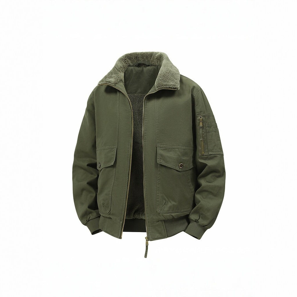 Men's Military Inspired Thermal Bomber Jacket with Teddy Lining, Arm Pocket and Snap Flap Pockets Fashion Glam