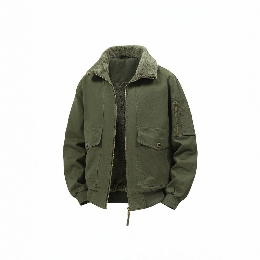 Men's Military Inspired Thermal Bomber Jacket with Teddy Lining, Arm Pocket and Snap Flap Pockets Fashion Glam