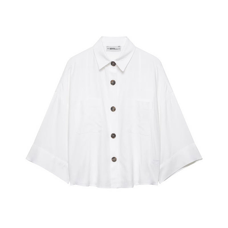 Women's Oversized Shirt Jacket with Three-Quarter Kimono Sleeves and Patch Pockets Fashion Glam