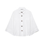 Women's Oversized Shirt Jacket with Three-Quarter Kimono Sleeves and Patch Pockets Fashion Glam