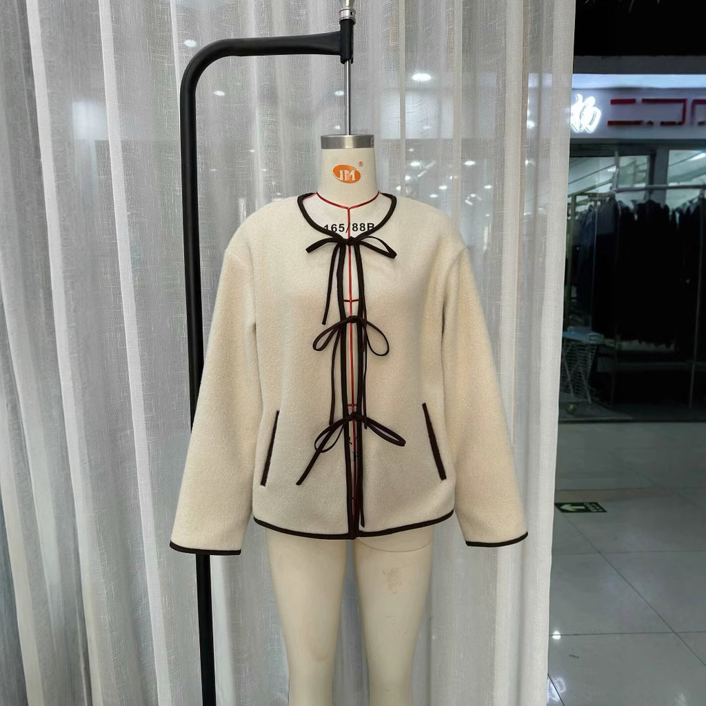 Women's Short Cut Teddy Fleece Jacket with Ties and Contrast Piping Fashion Glam