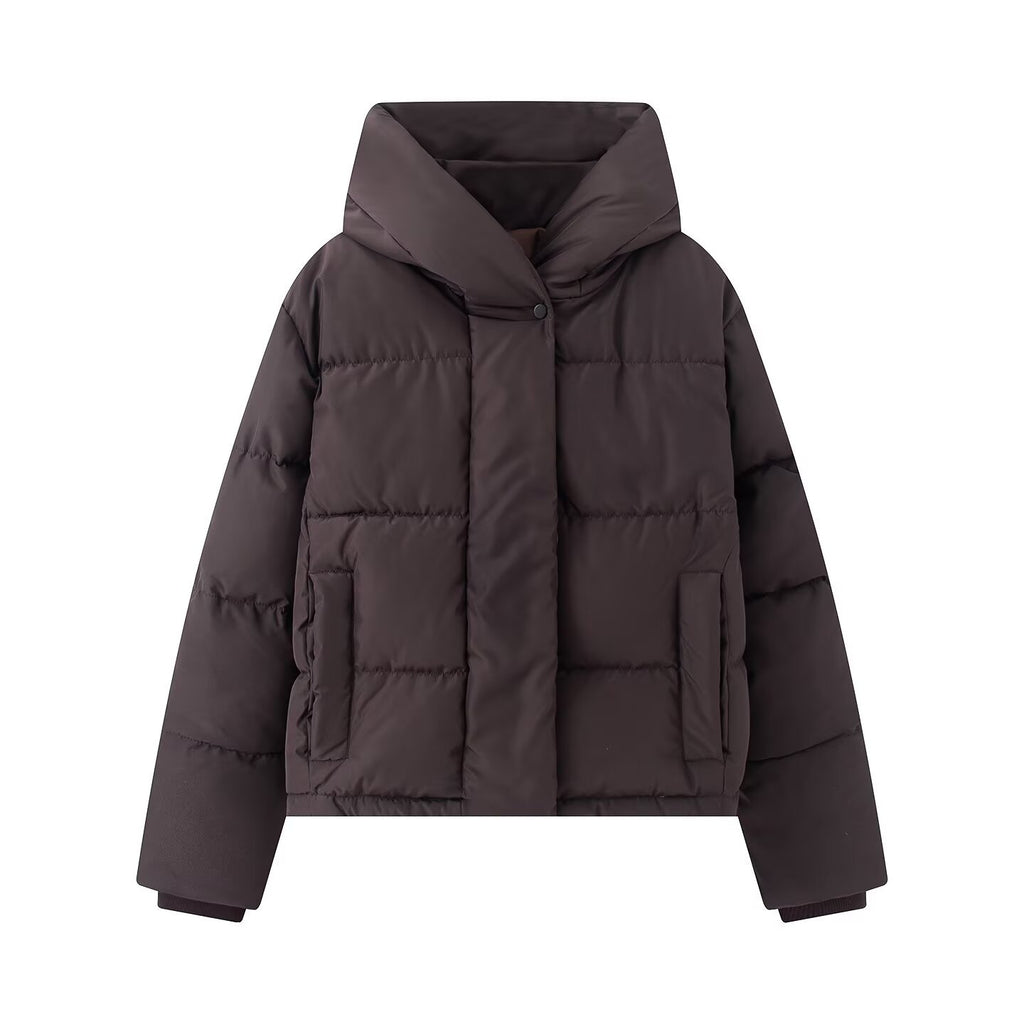 Women's short quilted puffer jacket with high stand-up collar and concealed button placket Fashion Glam