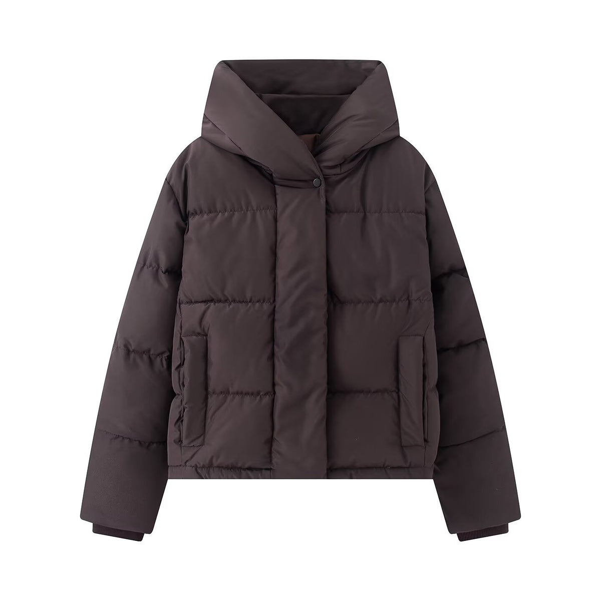 Women's short quilted puffer jacket with high stand-up collar and concealed button placket Fashion Glam