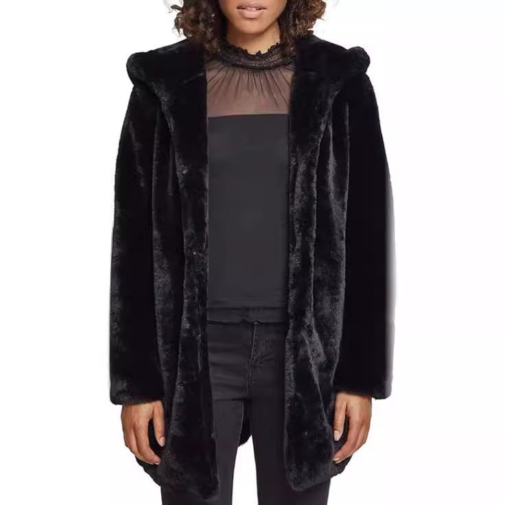 Women's Midi-Length Hooded Faux Fur Coat with Open Front and Lined Insert Pockets Fashion Glam