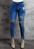 Women Stretch Skinny Jeans with High Waist, Knee Ripped Details and Leo Underlay Fashion Glam