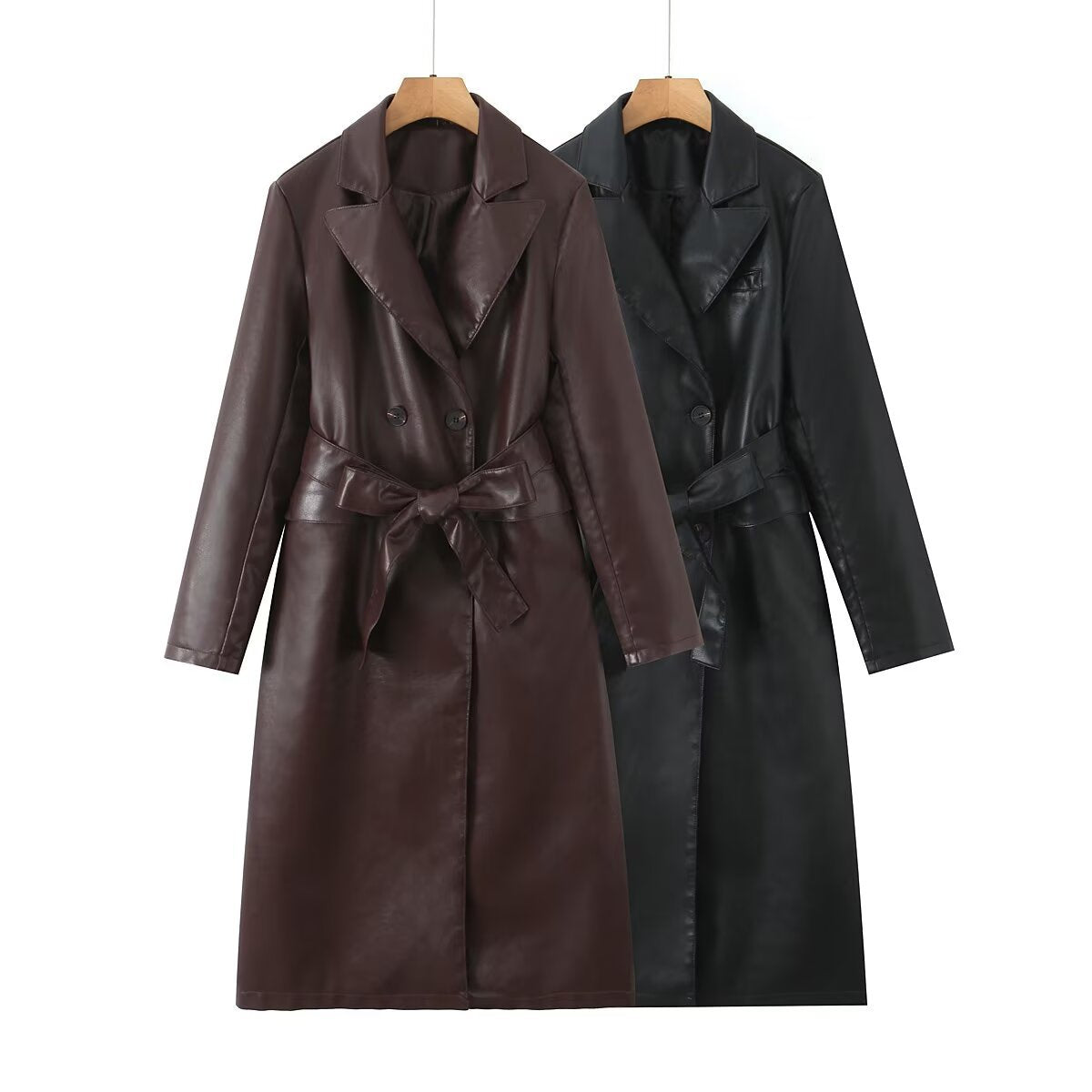 Women's Longline Faux Leather Trench Coat with Double-Breasted Button Placket and Waist Belt Fashion Glam
