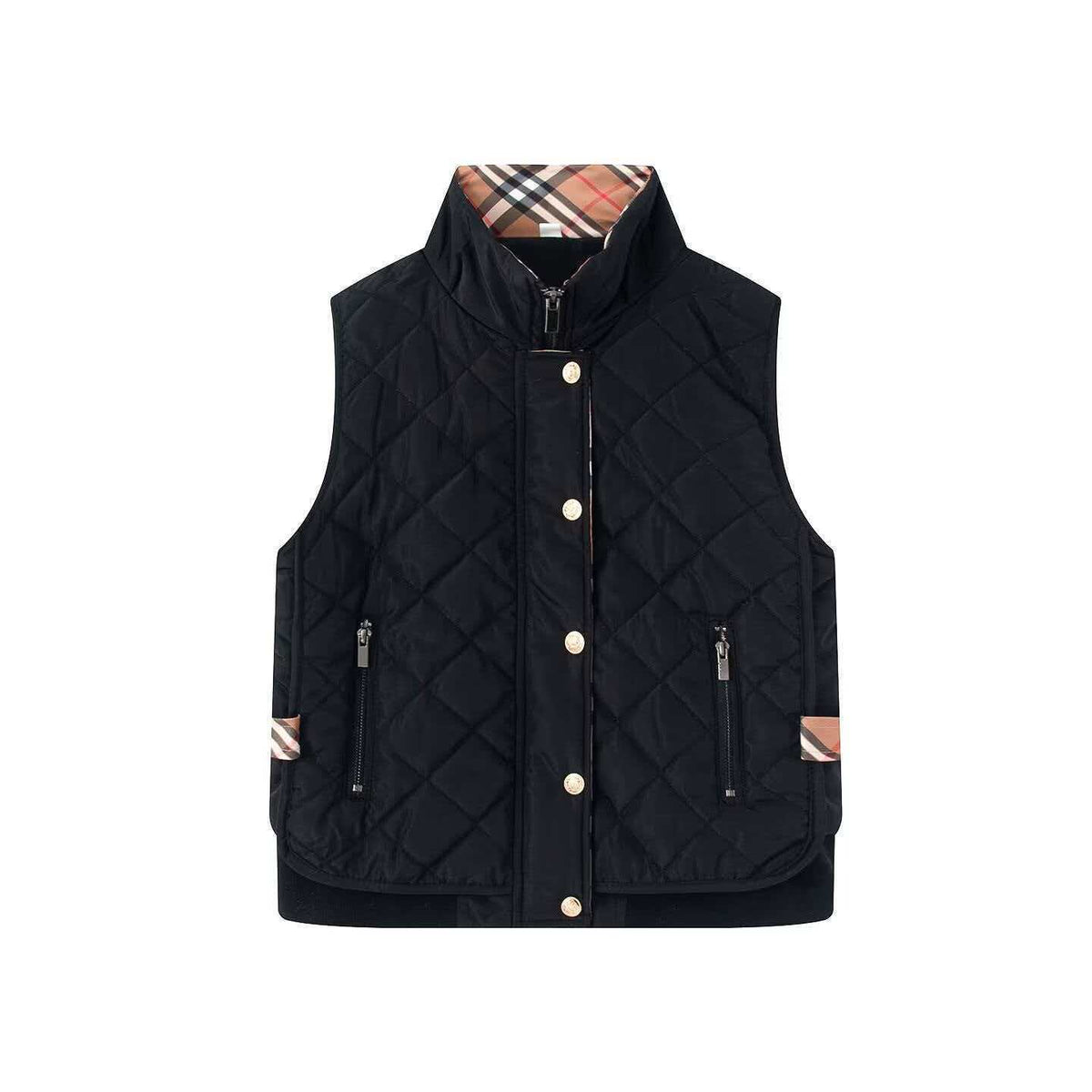 Women's Quilted Sleeveless Bodywarmer with Stand-Up Collar, Zipper, Snap Button Placket and Ribbed Hem Fashion Glam
