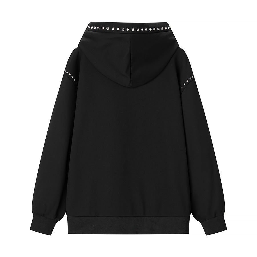 Women's Oversize Hoodie with Metal Stud Trim and Balloon Sleeves Fashion Glam