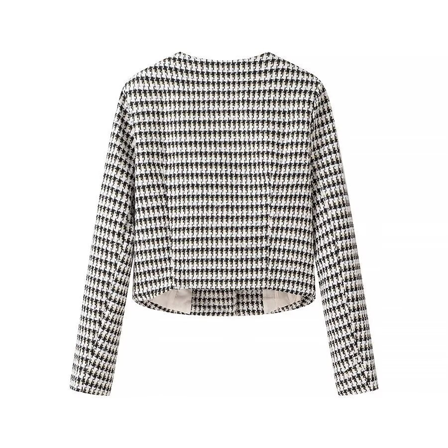Women Short-Cut Boucle Tweed Blazer with Houndstooth Pattern and Decorative Buttons Fashion Glam