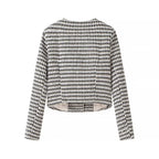 Women Short-Cut Boucle Tweed Blazer with Houndstooth Pattern and Decorative Buttons Fashion Glam