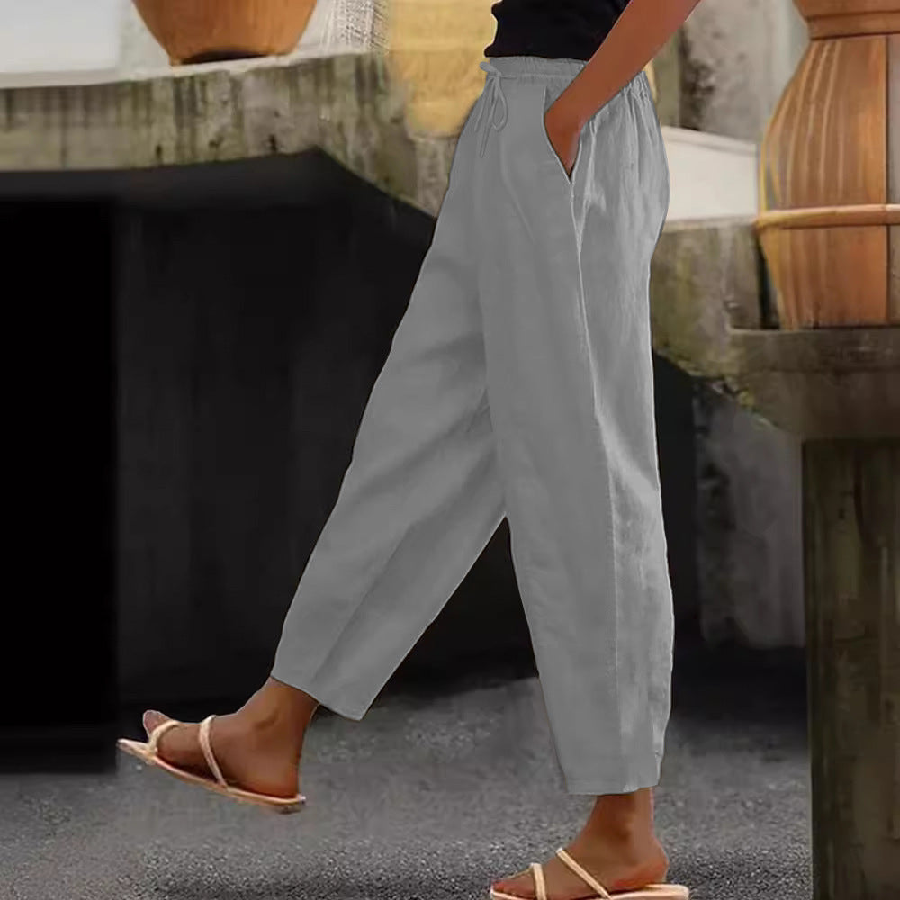 Women's Linen Blend Cropped Pants with Elastic Waistband, Drawstring and Side Pockets Fashion Glam