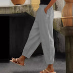 Women's Linen Blend Cropped Pants with Elastic Waistband, Drawstring and Side Pockets Fashion Glam