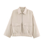 Women's Cropped Oversized Blouson Jacket with Large Flap Pockets, Full-Length Zipper and Elastic Hem Fashion Glam