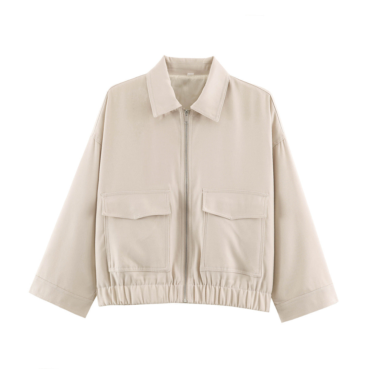 Women's Cropped Oversized Blouson Jacket with Large Flap Pockets, Full-Length Zipper and Elastic Hem Fashion Glam