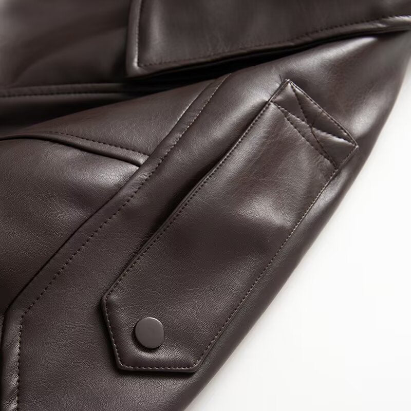 Women's Oversized Faux Leather Bomber Jacket with Utility Pockets, High Collar and Elastic Hem Fashion Glam