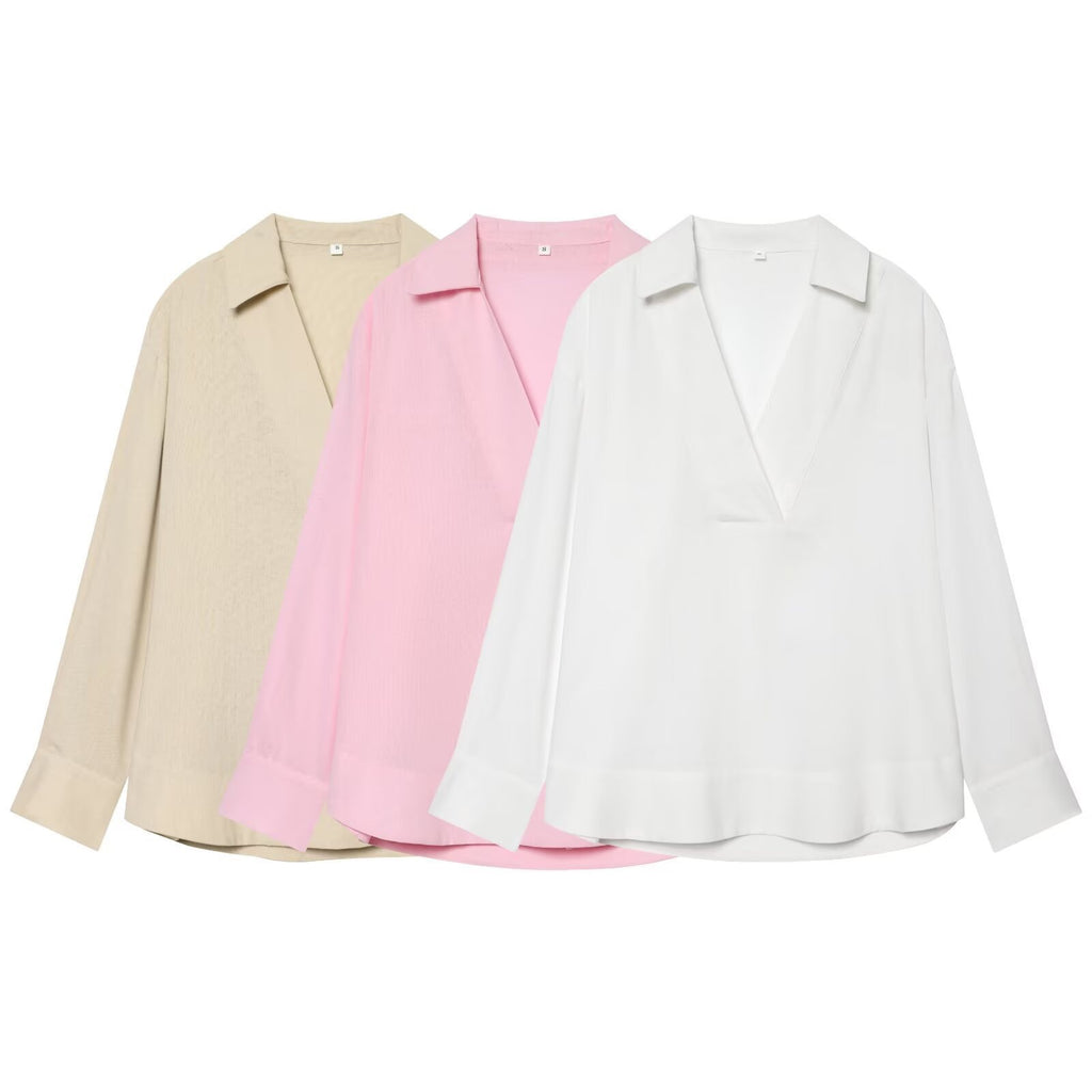 Women's loose linen look tunic with deep V-neck and shirt collar Fashion Glam