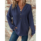 Women Waffle Knit Hoodie with Henley Button Placket and Oversized Cut Fashion Glam