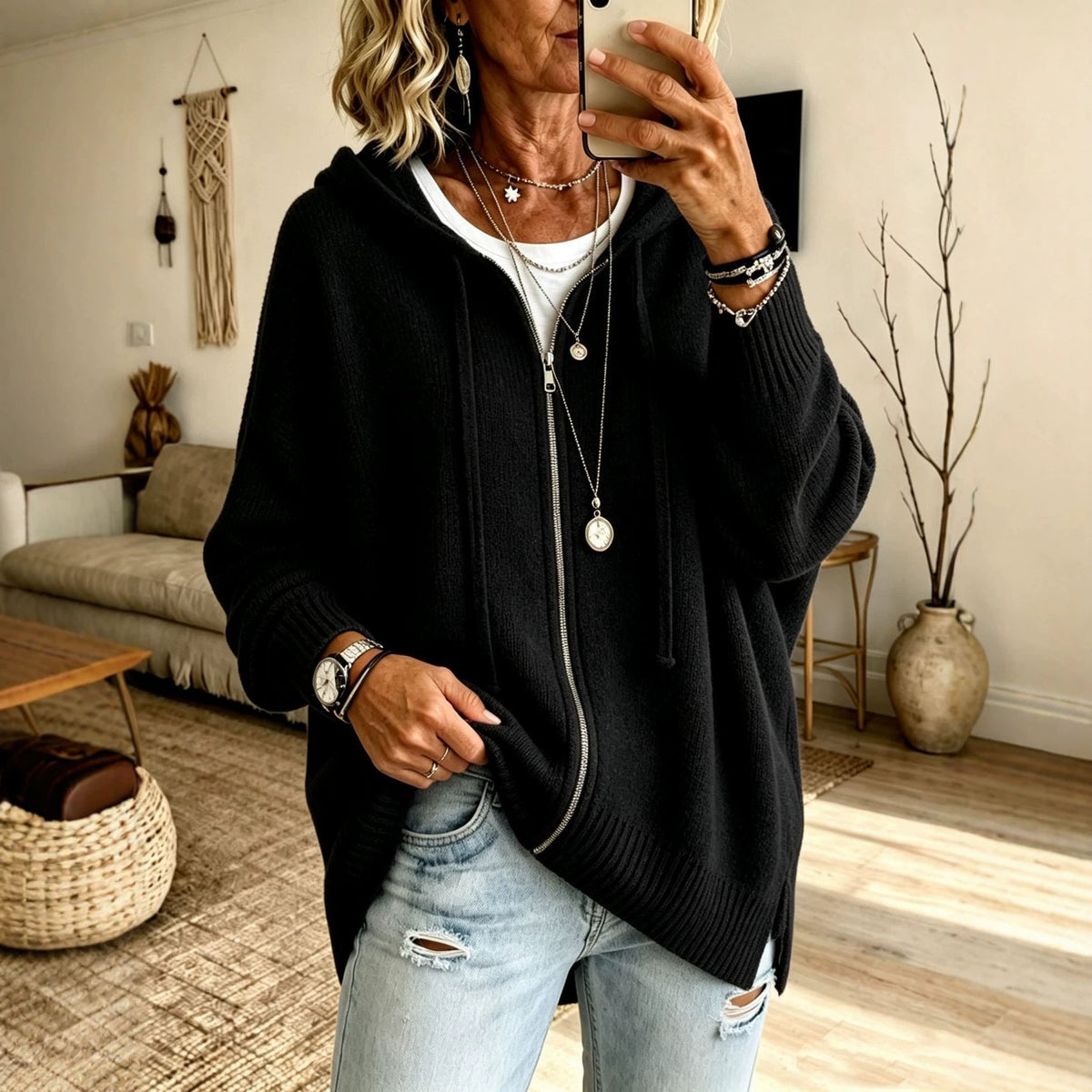 Women Oversize Hooded Zip Cardigan made of soft fine knit Fashion Glam
