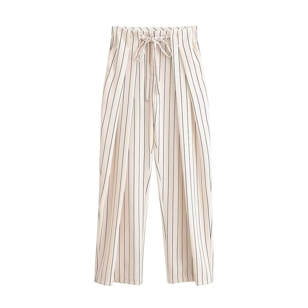 Women's High-waisted Wide Pleated Pants with Drawstring and Vertical Stripes Fashion Glam
