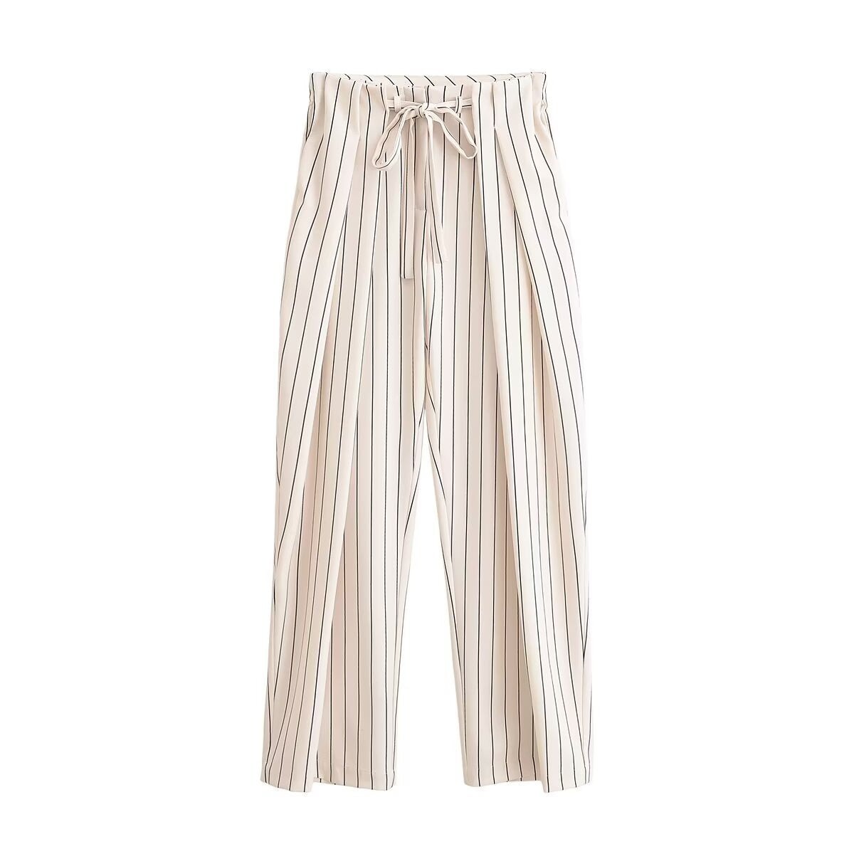 Women's High-waisted Wide Pleated Pants with Drawstring and Vertical Stripes Fashion Glam