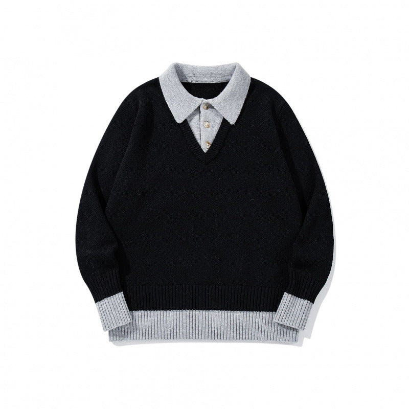 Men's Oversized Fine Knit Polo with Contrast Trim Shirt Collar and Ribbed Cuffs Fashion Glam