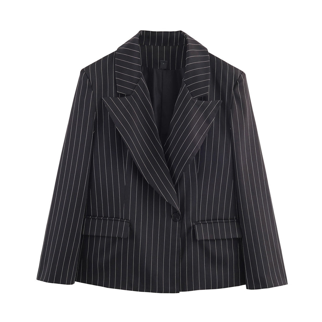 Ladies pinstriped blazer with wide lapels, single-button closure, and flap pockets Fashion Glam