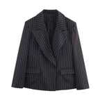 Ladies pinstriped blazer with wide lapels, single-button closure, and flap pockets Fashion Glam
