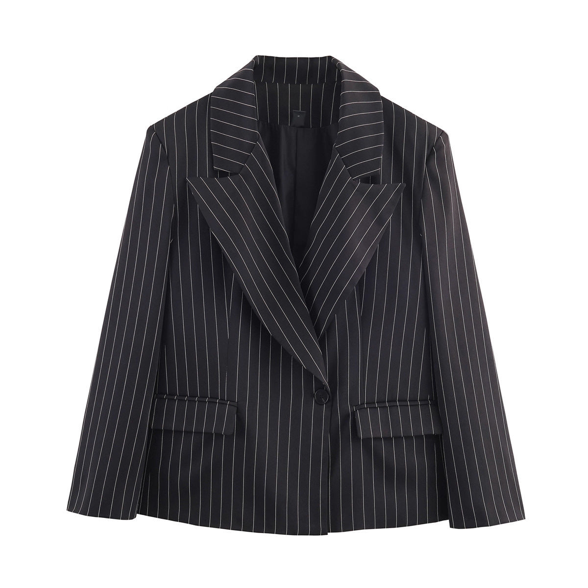 Ladies pinstriped blazer with wide lapels, single-button closure, and flap pockets Fashion Glam