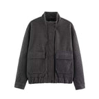 Women’s short jacket made of wool blend in utility look with stand-up collar, flap pockets, and elastic hem Fashion Glam